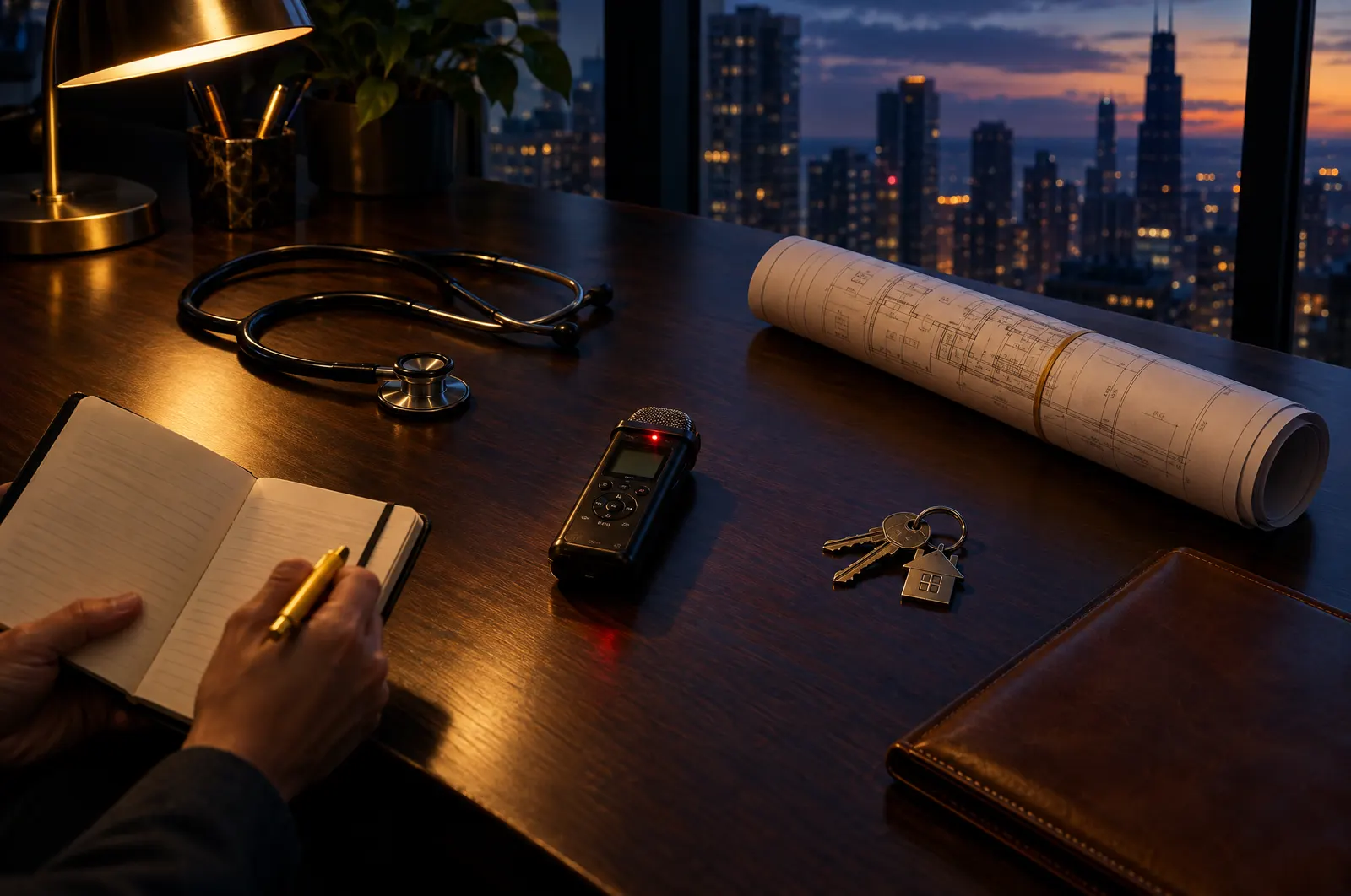 An interviewer’s notebook and a small recorder on a desk beside a stethoscope, a blueprint and a set of house keys.