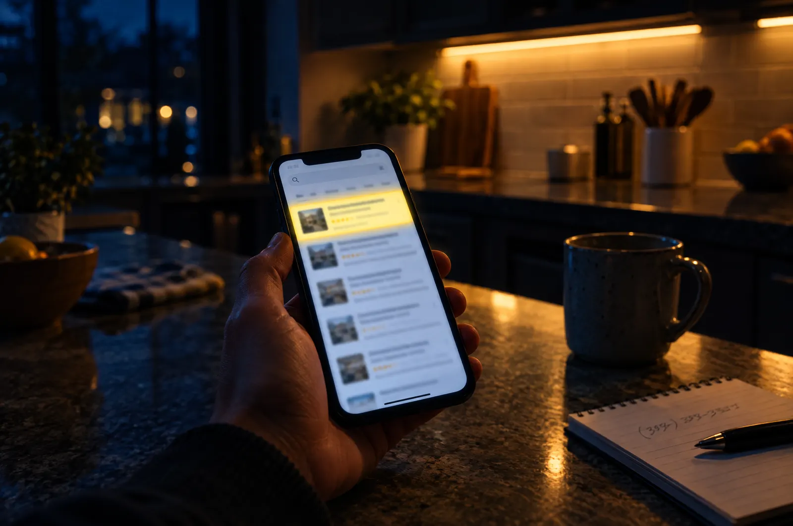 A hand holding a phone in a dim kitchen at night; the top search result on the screen glows yellow.