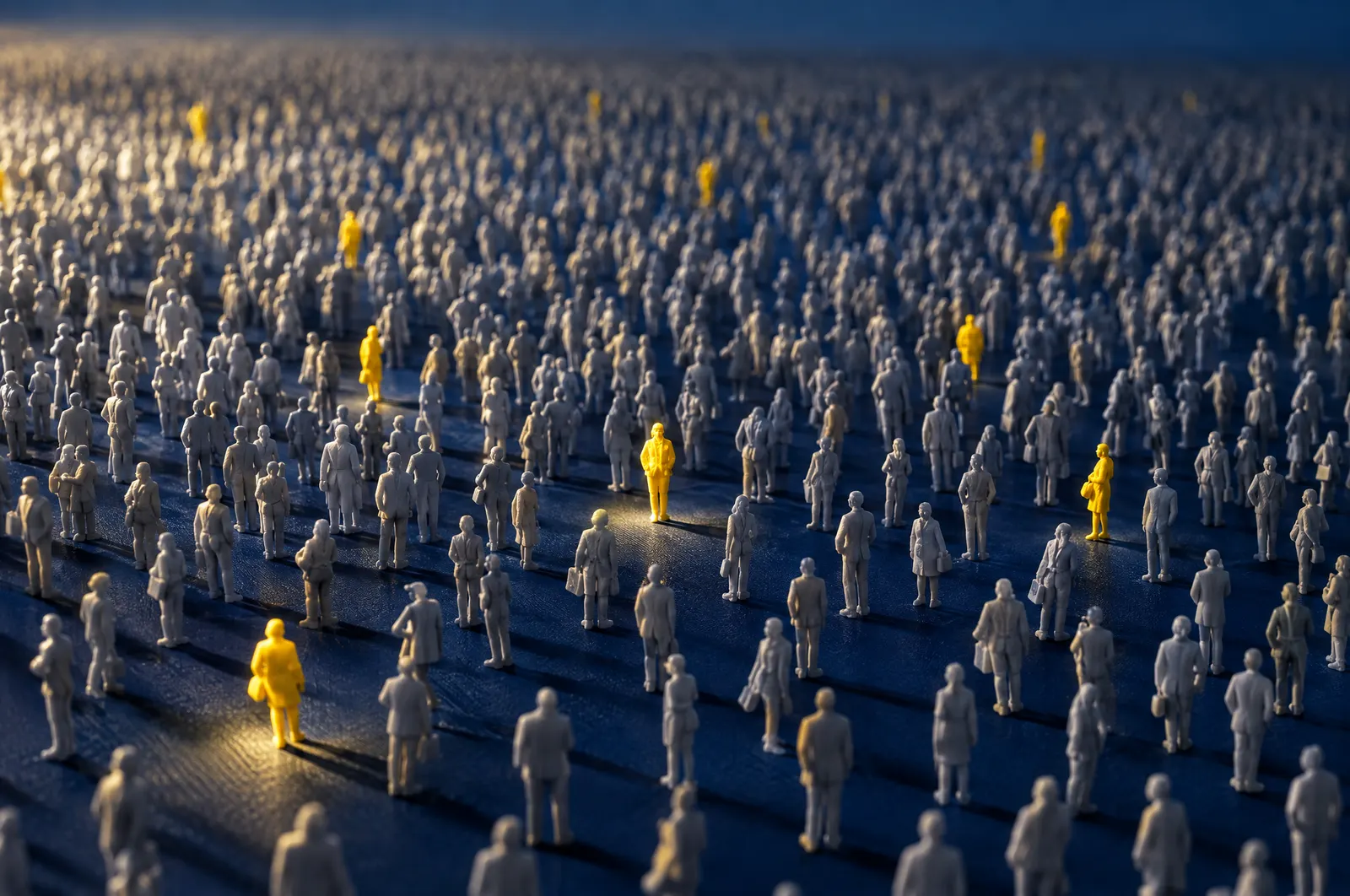A vast crowd of tiny grey model figures on a navy tabletop, with a few painted yellow and caught in a spotlight.