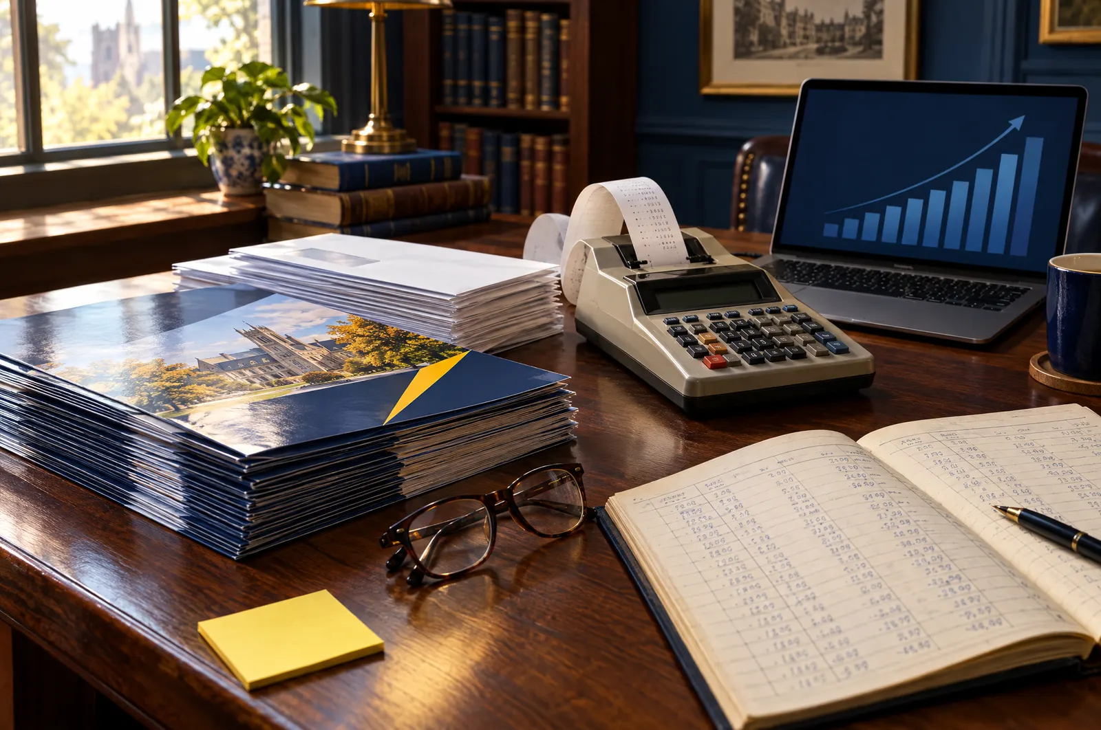 Stacks of direct-mail brochures, a printing calculator and an open ledger on a wooden desk, with a laptop showing a rising chart.