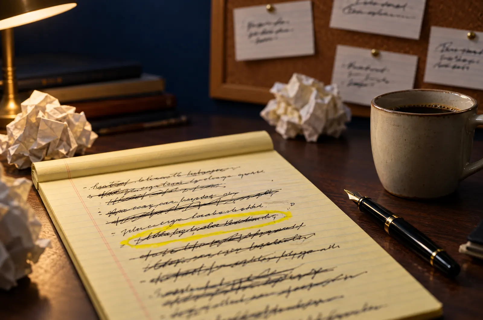 A legal pad of crossed-out headline drafts with one line circled in yellow highlighter, beside a fountain pen and coffee.