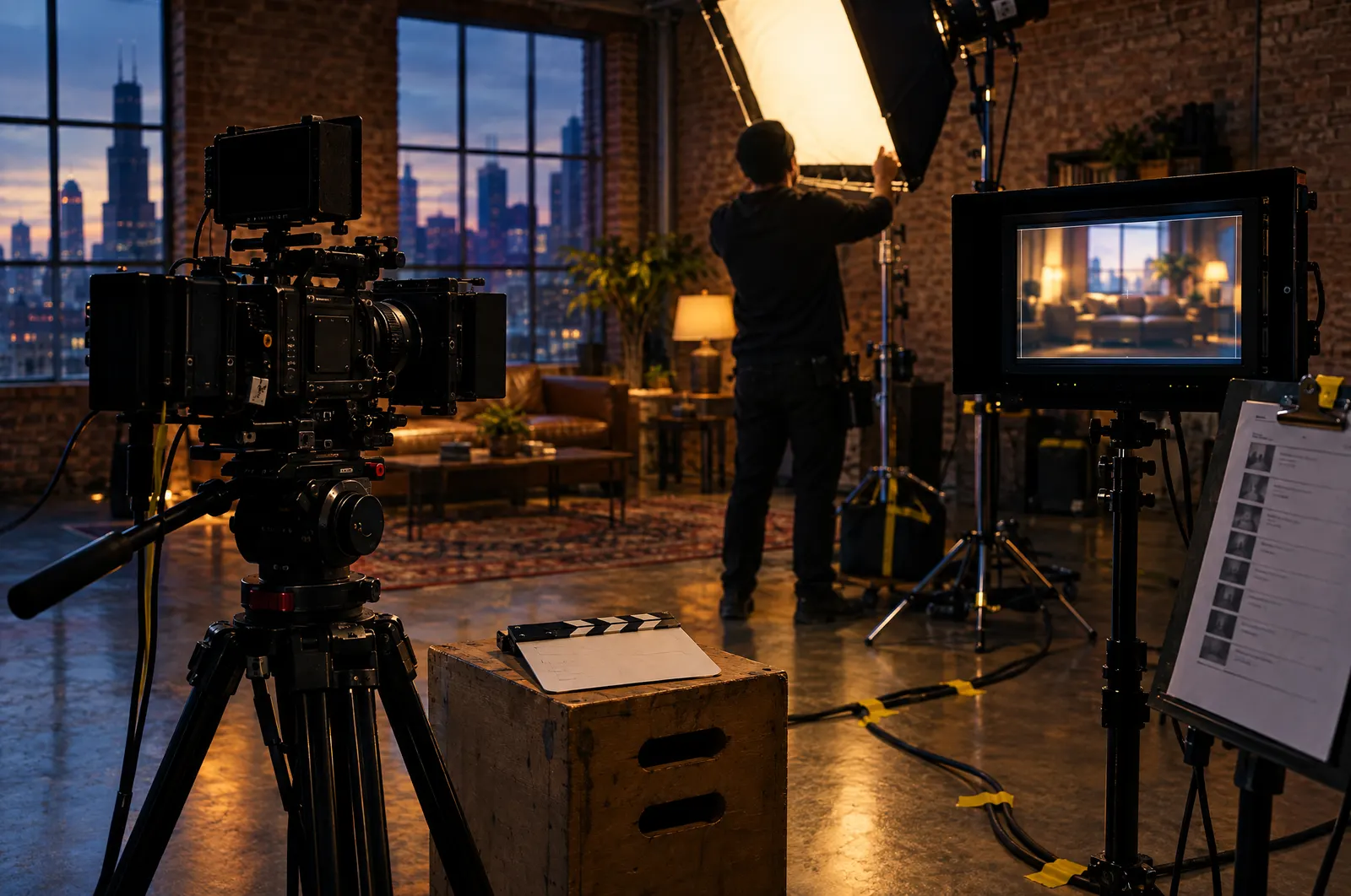 A small video set in a brick studio: a cinema camera, a softbox, a blank clapperboard and a director’s monitor.