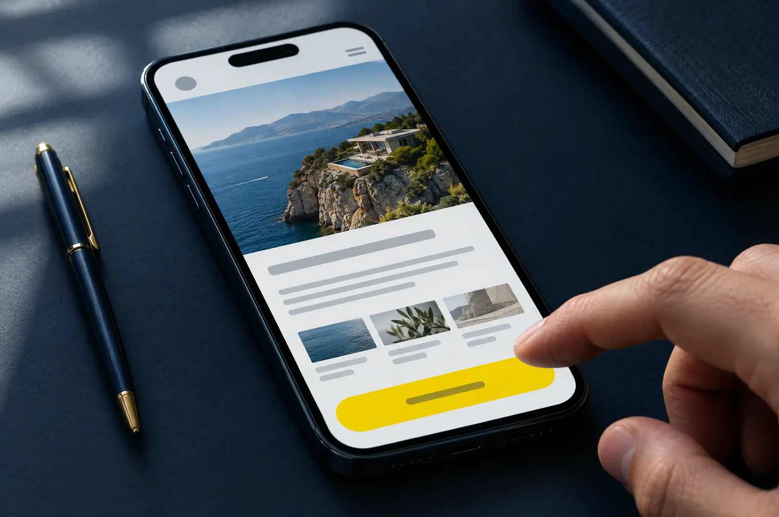 A thumb about to tap a bright yellow button pinned to the bottom of a phone screen.