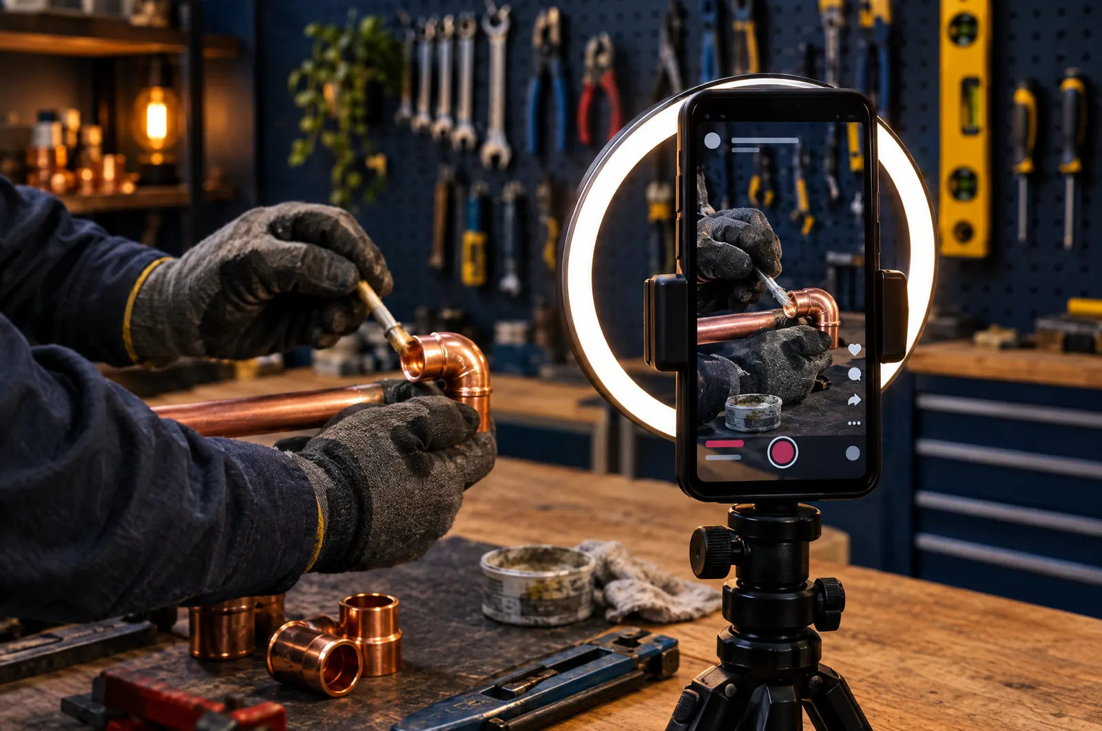 A phone on a tripod with a ring light filming a plumber’s gloved hands tightening a copper fitting.
