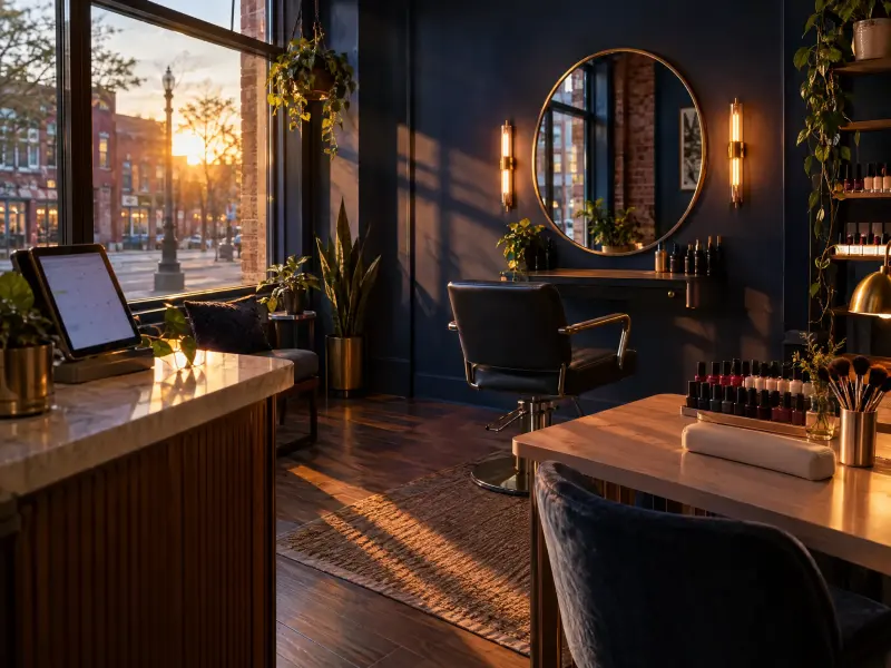 An empty styling chair facing a round mirror in a small Chicago beauty studio at golden hour, with a manicure table and rows of polish.