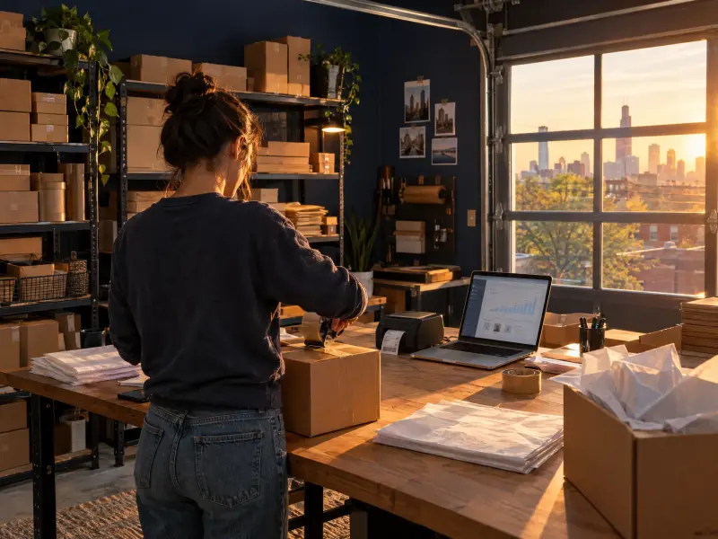 A founder taping a shipping box in a converted Chicago garage packed with kraft boxes, a laptop showing a modest sales chart.