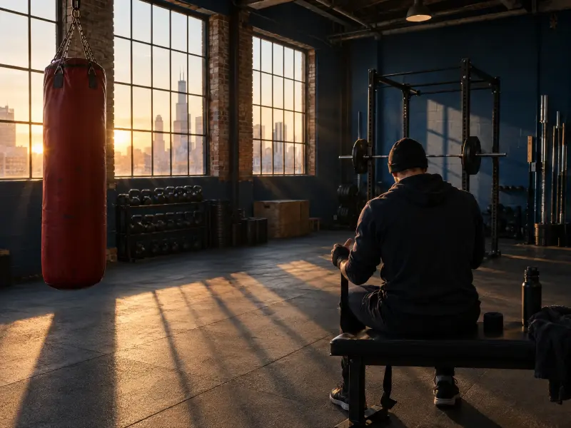 A small boxing and strength gym in a Chicago warehouse at sunrise, a coach wrapping their hands beside a heavy bag and a squat rack.