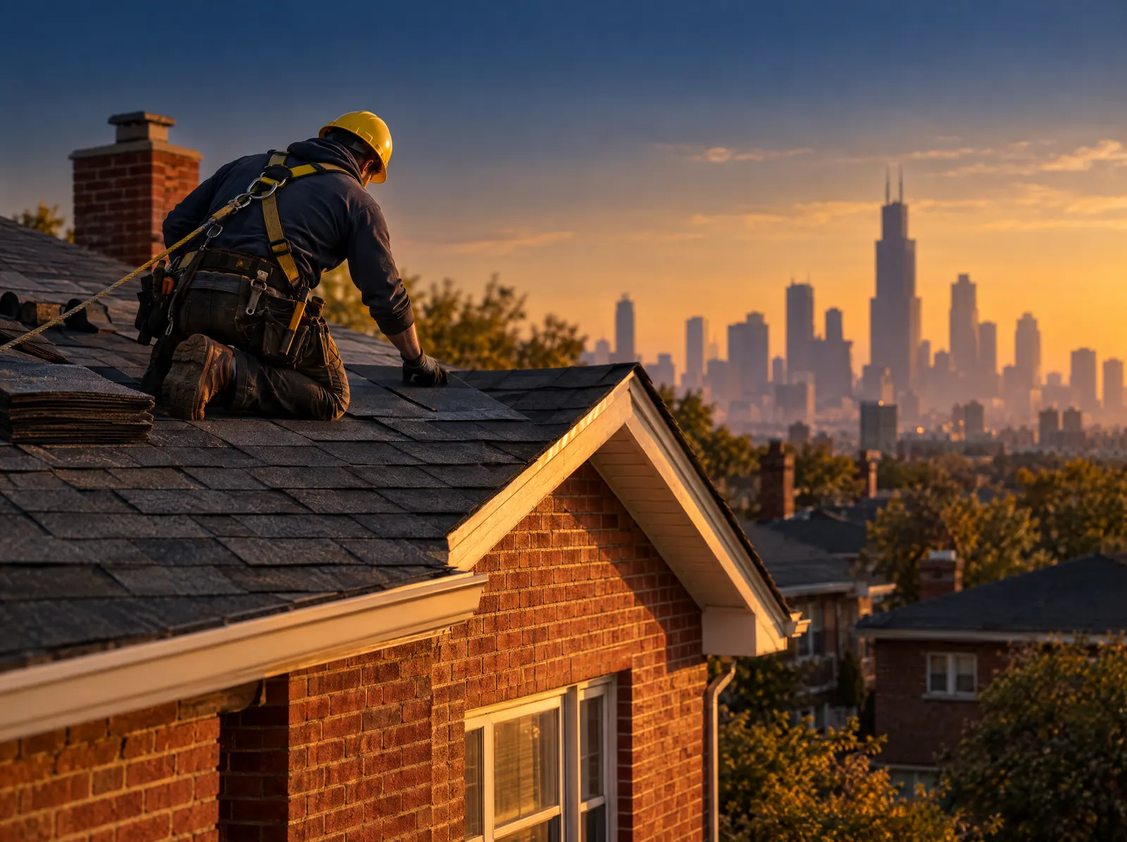 A roofer in a yellow hard hat laying shingles on a Chicago brick bungalow at sunset.