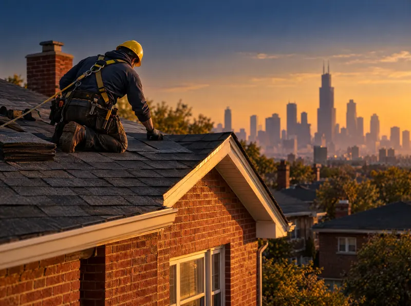 A roofer in a yellow hard hat laying shingles on a Chicago brick bungalow at sunset.
