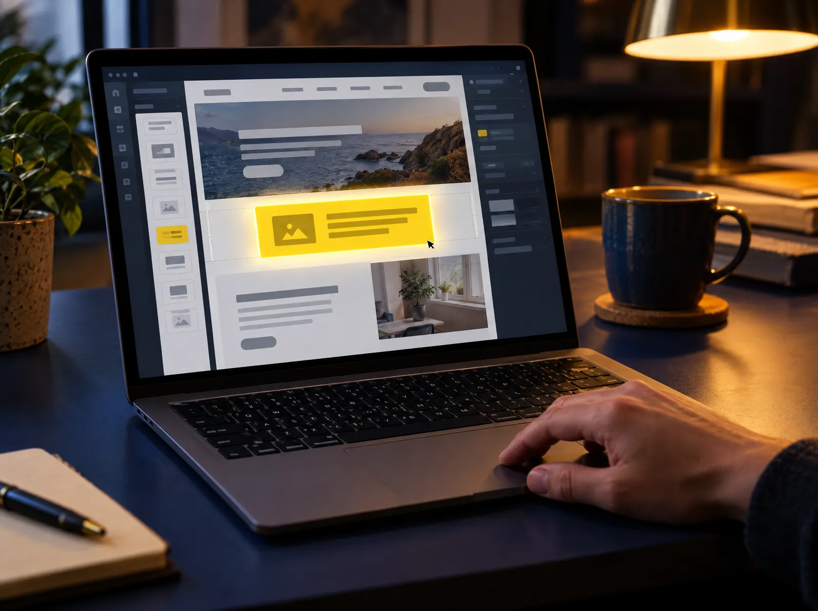 A laptop showing an existing website with a new yellow section being slotted into the page.
