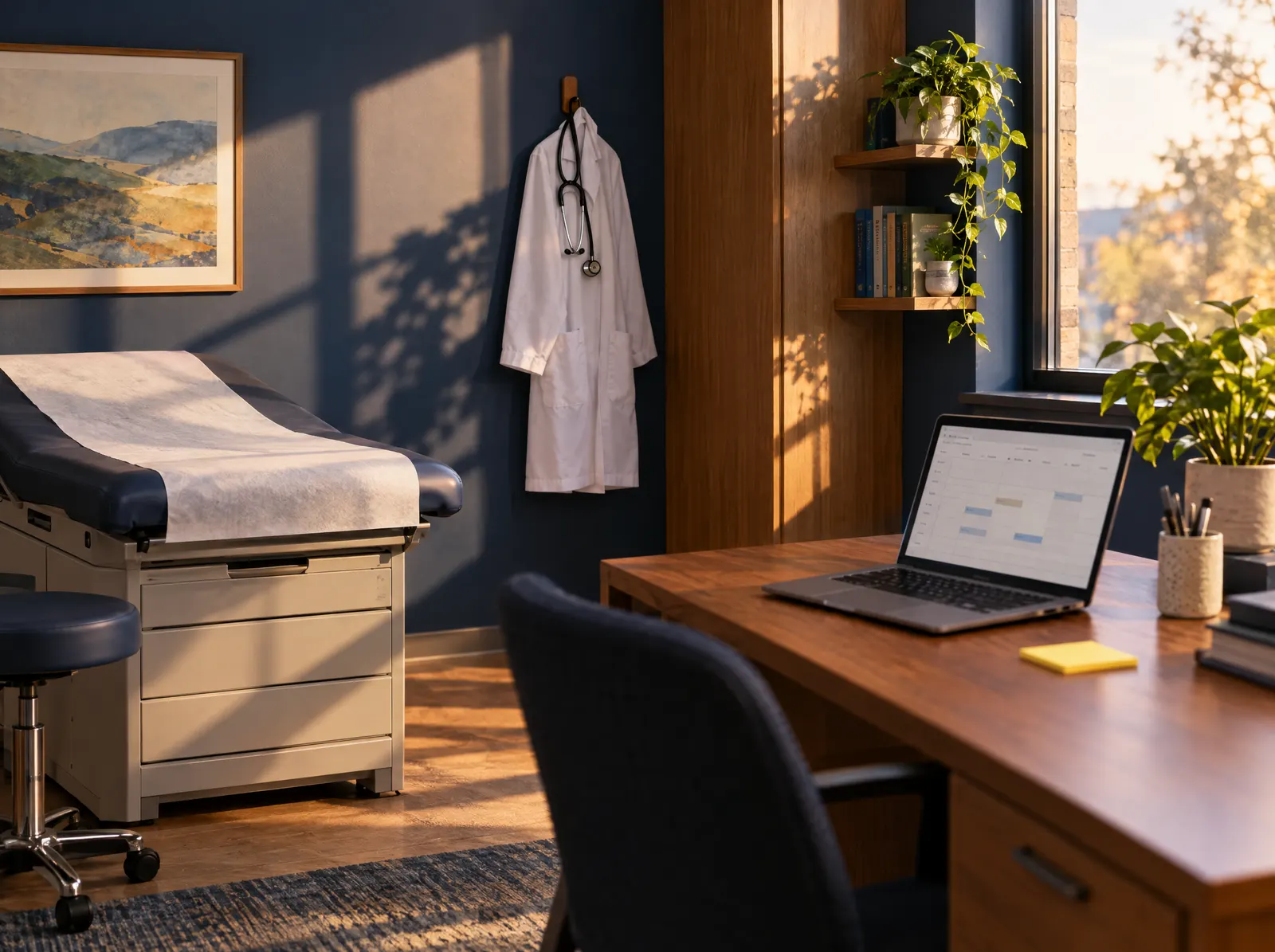 A quiet exam room with a physician’s white coat and stethoscope on a hook and a mostly empty appointment calendar on a laptop.