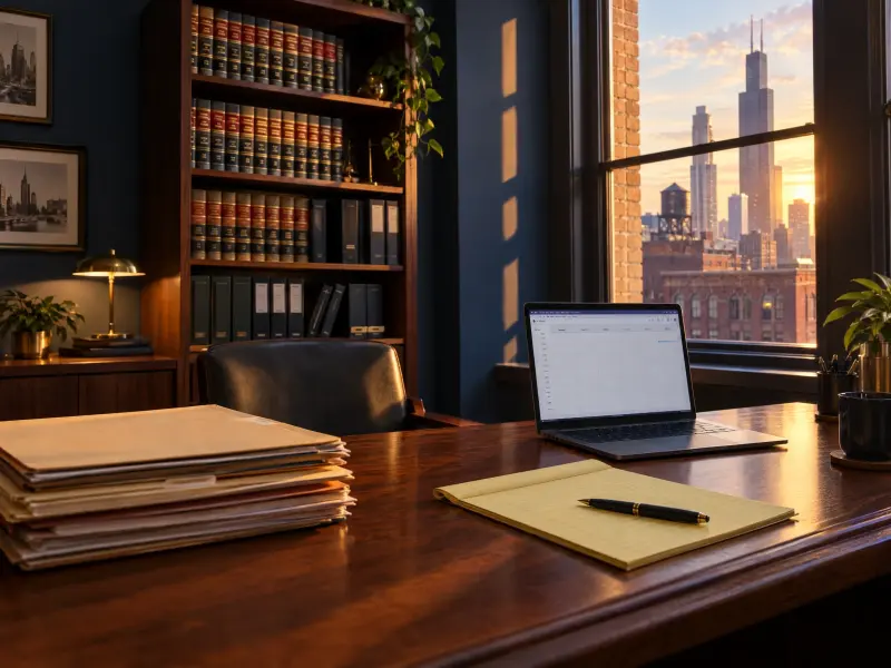 A small Chicago law office at golden hour: stacked files, a legal pad and a laptop with a mostly empty consultation calendar.