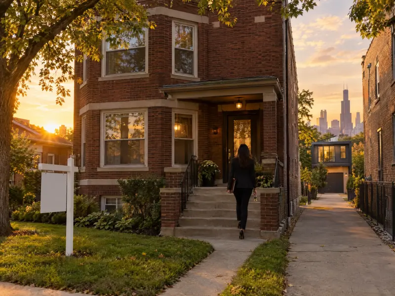 A real estate agent with a folder walking up the steps of a Chicago brick two-flat at sunset, a blank yard sign on the lawn and a new coach house in back.