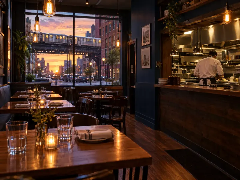 Empty tables set for dinner in a small Chicago restaurant at dusk while the chef plates at the open kitchen pass.
