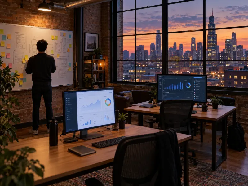 A software founder at a whiteboard of sticky notes in a Chicago loft office at dusk, dashboards on the monitors and the skyline outside.