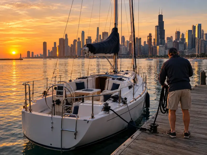 A charter captain coiling rope beside a small sailboat at a Chicago harbor at sunset, the skyline across the lake.