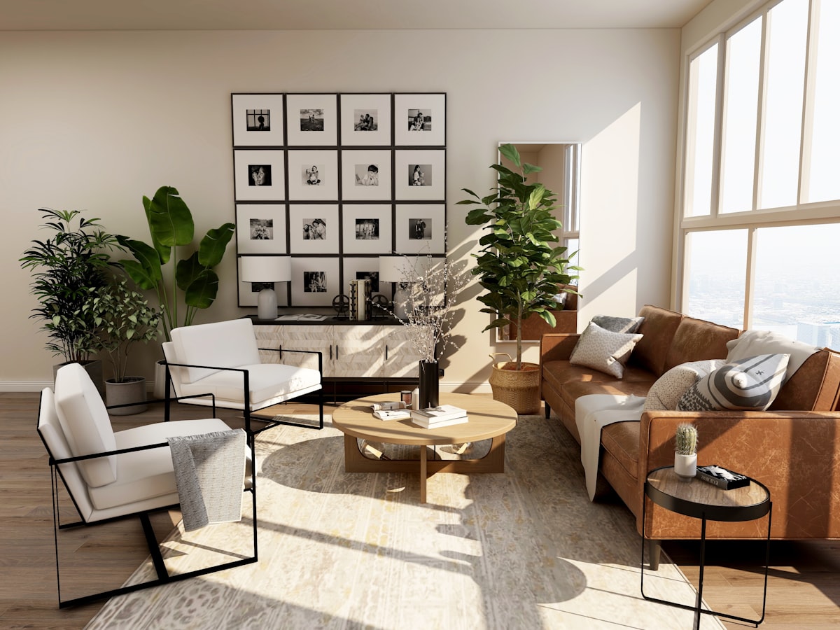 Bright comfortable living room with a sofa and natural light