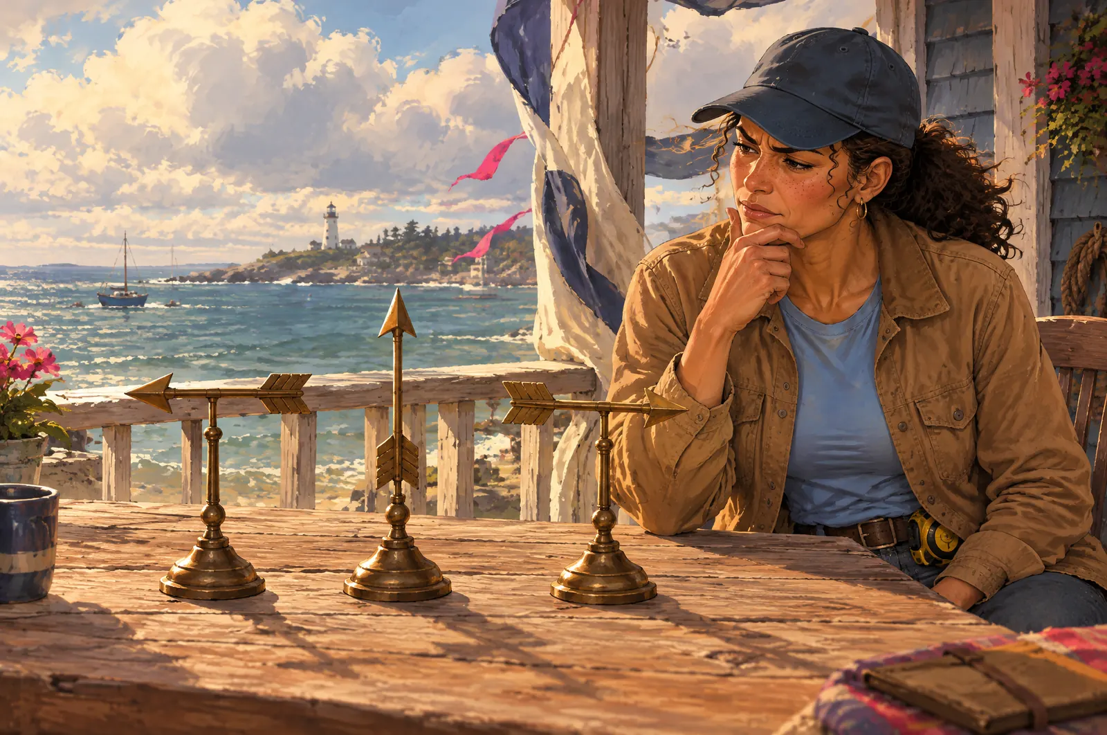 Painted scene: Jordan squinting at three weather vanes pointing three different ways.