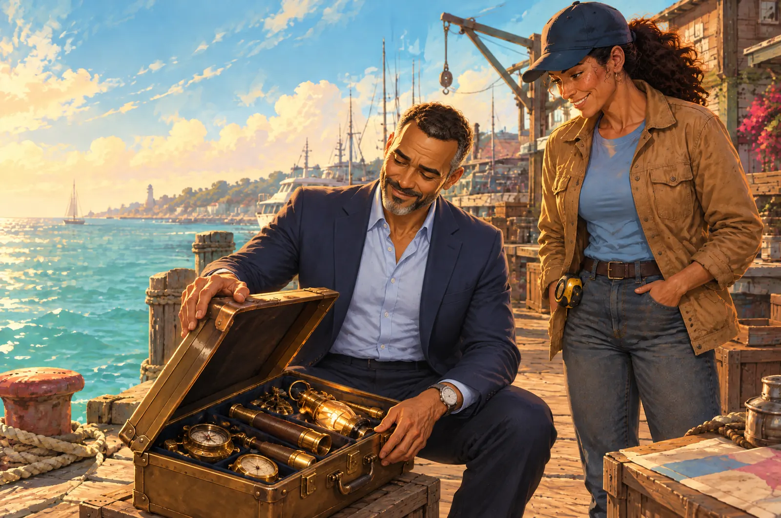 Painted scene: an AI helper opens one brass toolbox on a dock, every tool neatly inside, while Jordan watches.