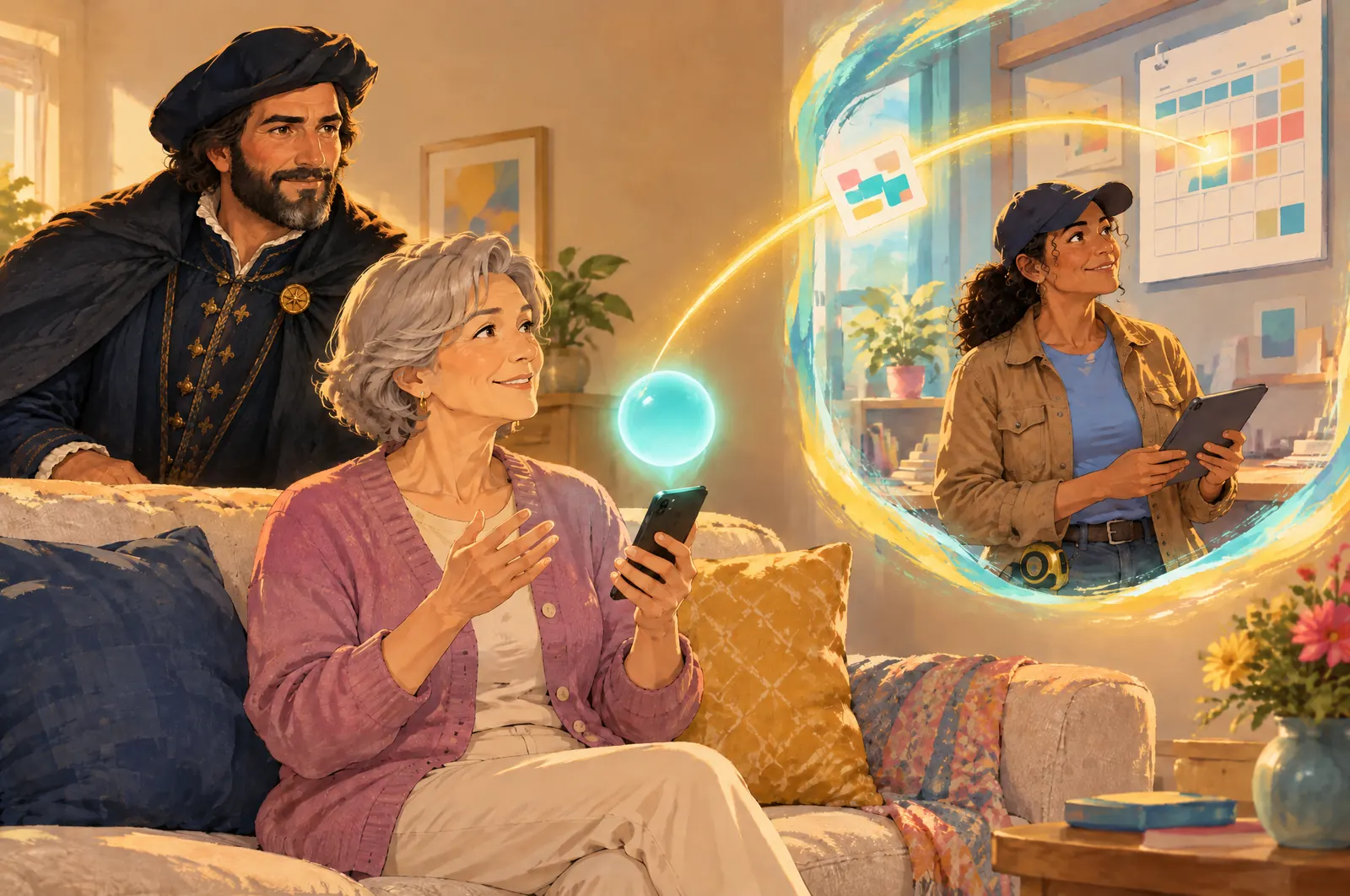 Painted scene: a homeowner talks to a glowing assistant above her phone; a booking card flies to Jordan’s calendar.