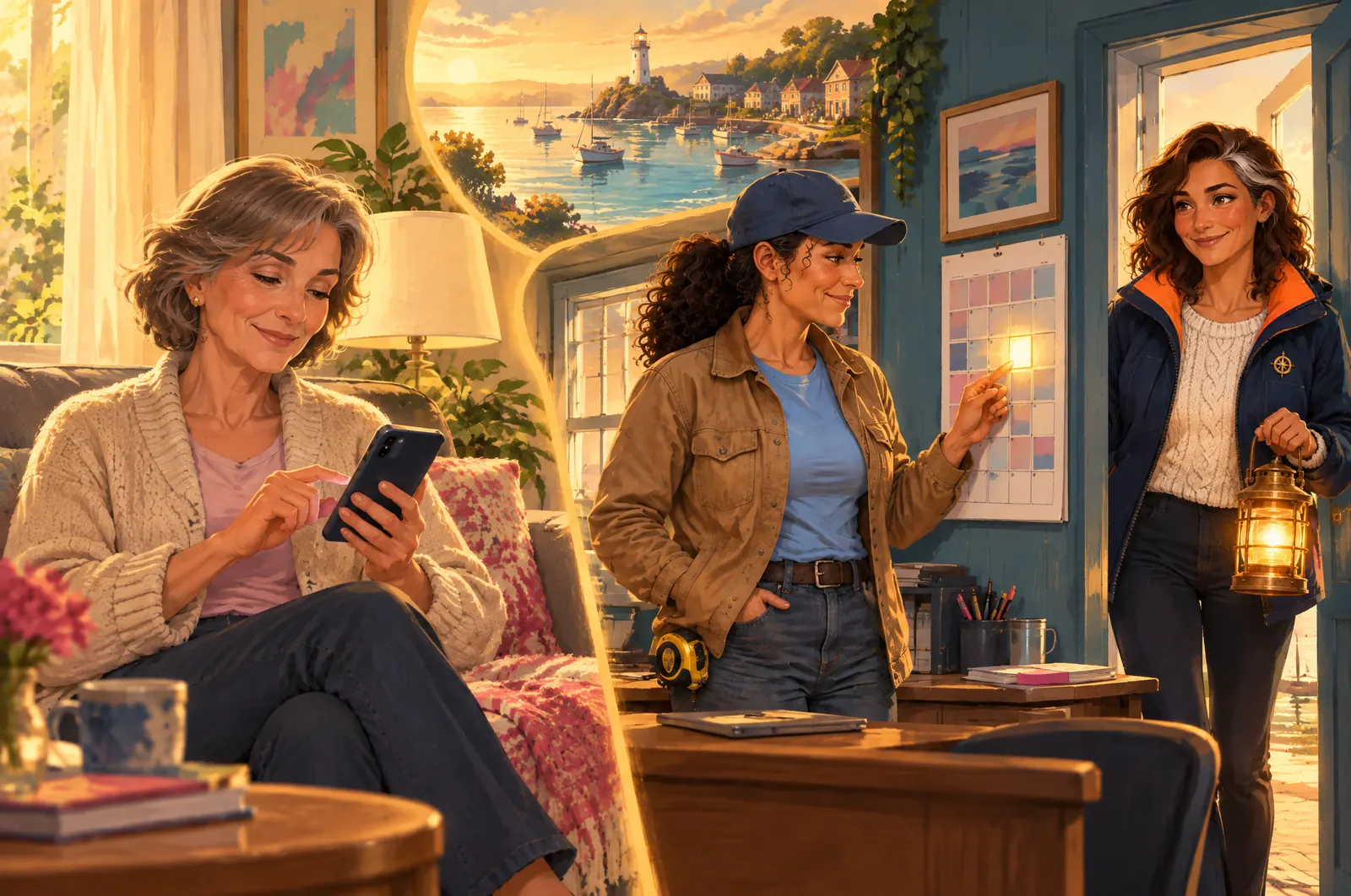 Painted scene: a homeowner picks a time on her phone while Jordan’s wall calendar fills with a golden block and Marina smiles from the doorway.