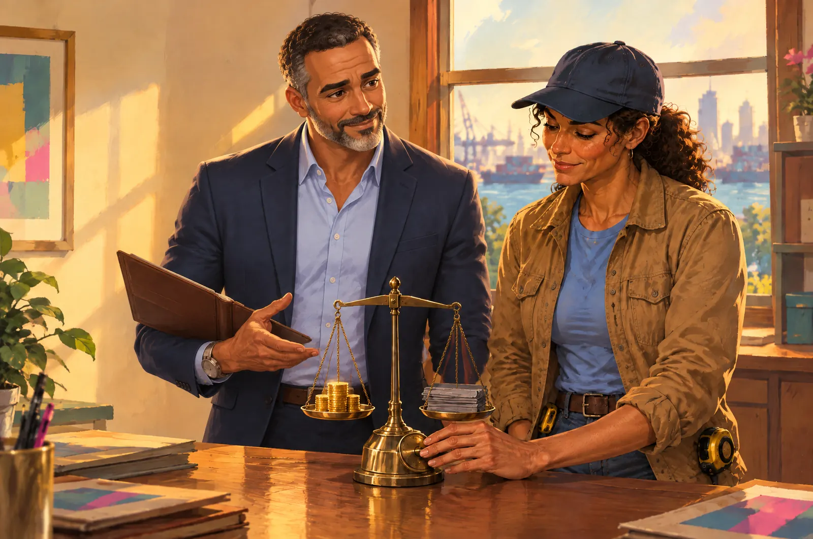 Painted scene: a brass balance scale with coins on one side and lead cards on the other; Jordan’s hand is on the dial.