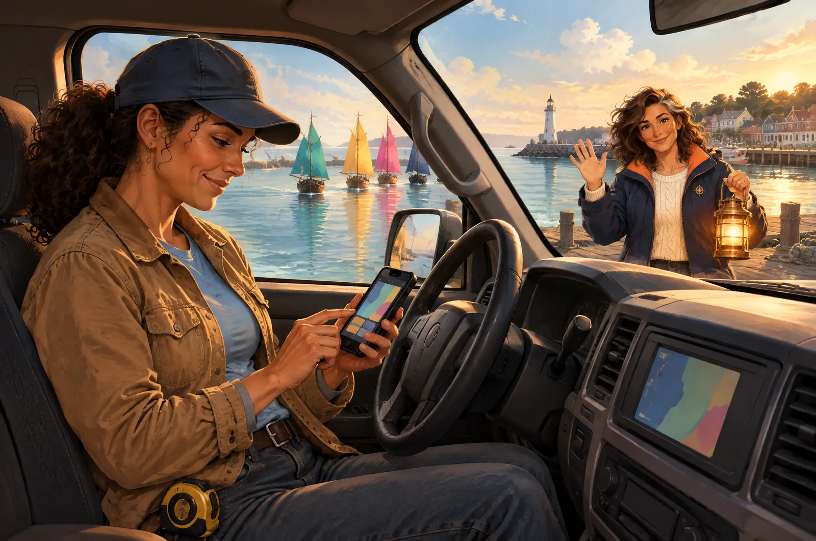 Painted scene: Jordan connects accounts on her phone in her truck while small ships glide into one harbor.