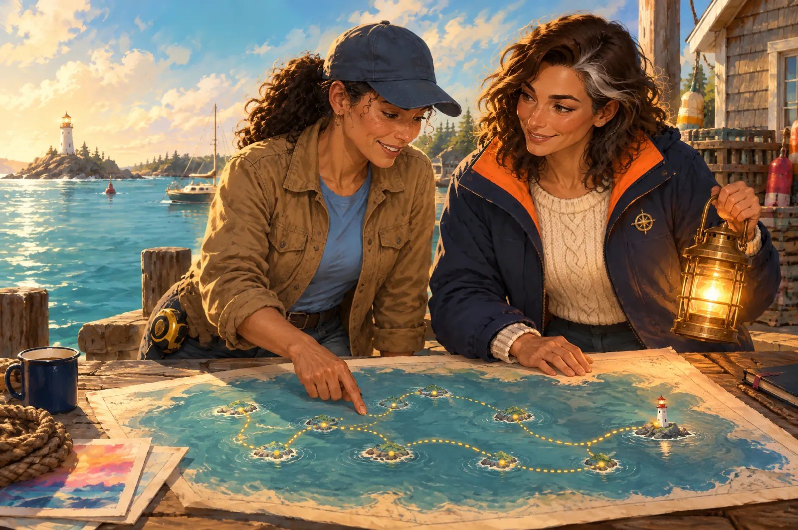 Painted scene: Marina and Jordan unroll a chart with a route through eight islands to a lighthouse.