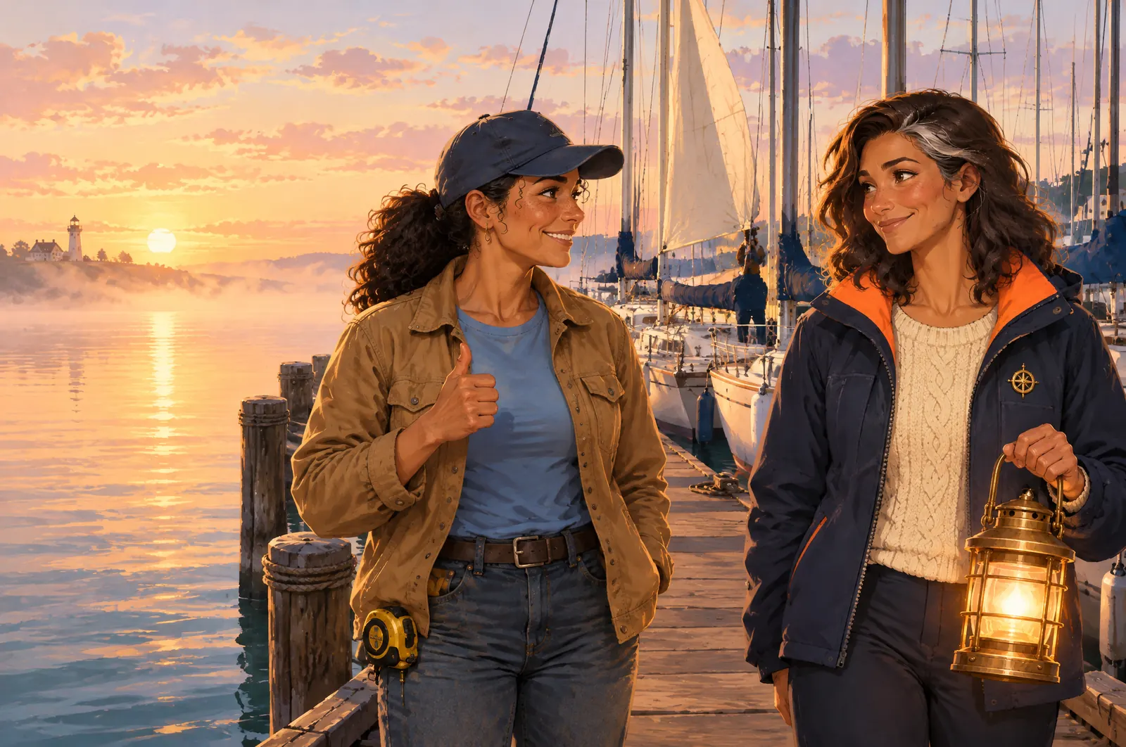 Painted scene: a row of sailboats with furled sails at dawn while Jordan gives Marina a thumbs up.