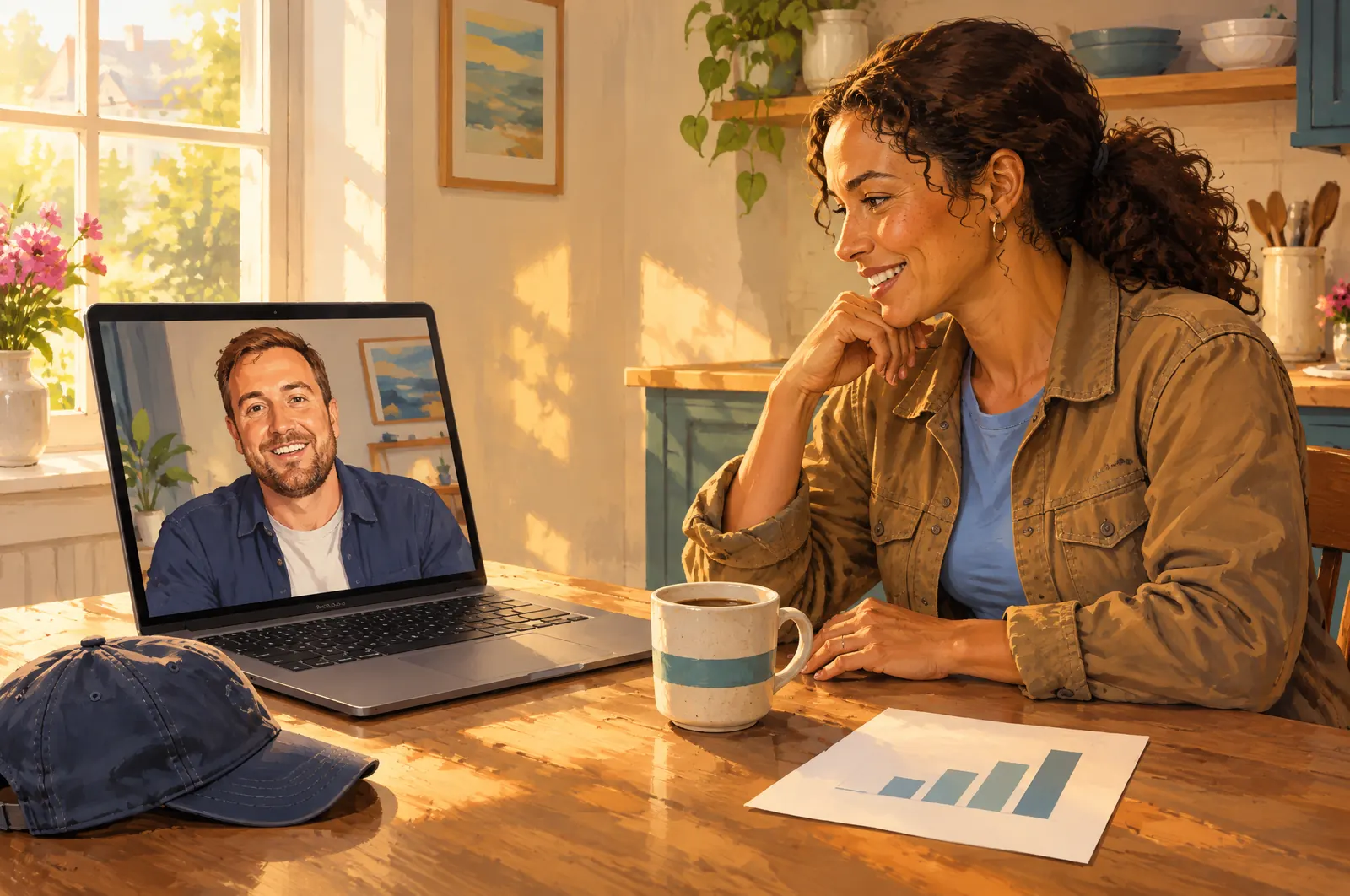 Painted scene: Jordan at her kitchen table on a video call with Andy.