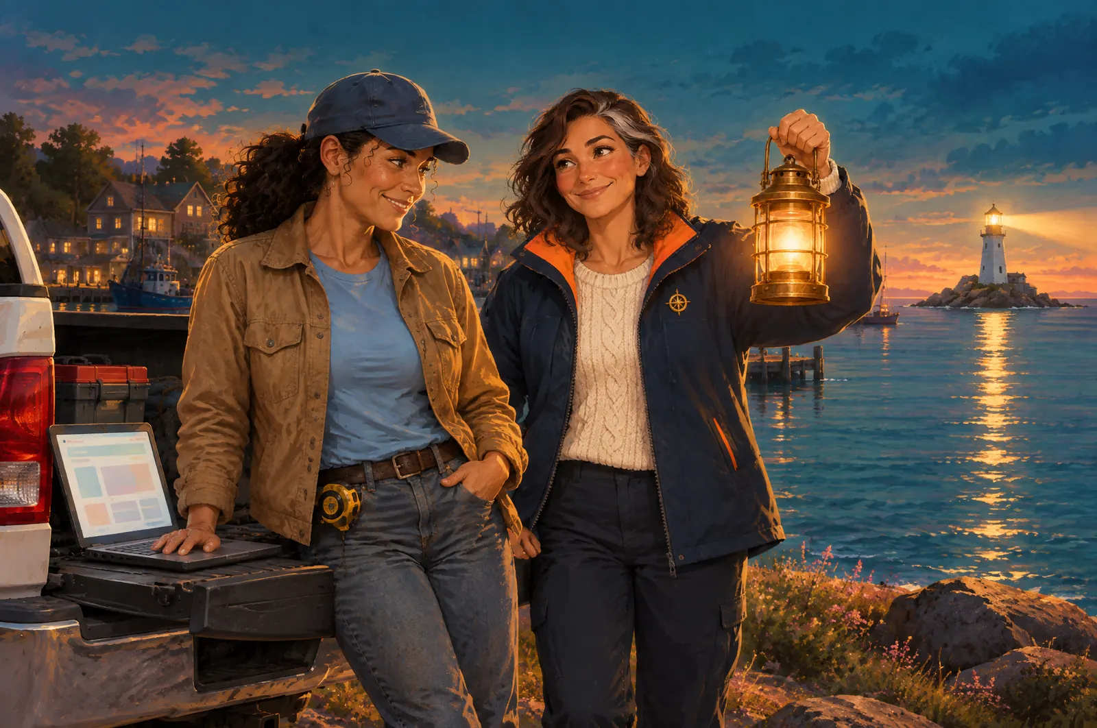 Painted scene: Jordan’s laptop on her tailgate shows her website as a lighthouse switches on.