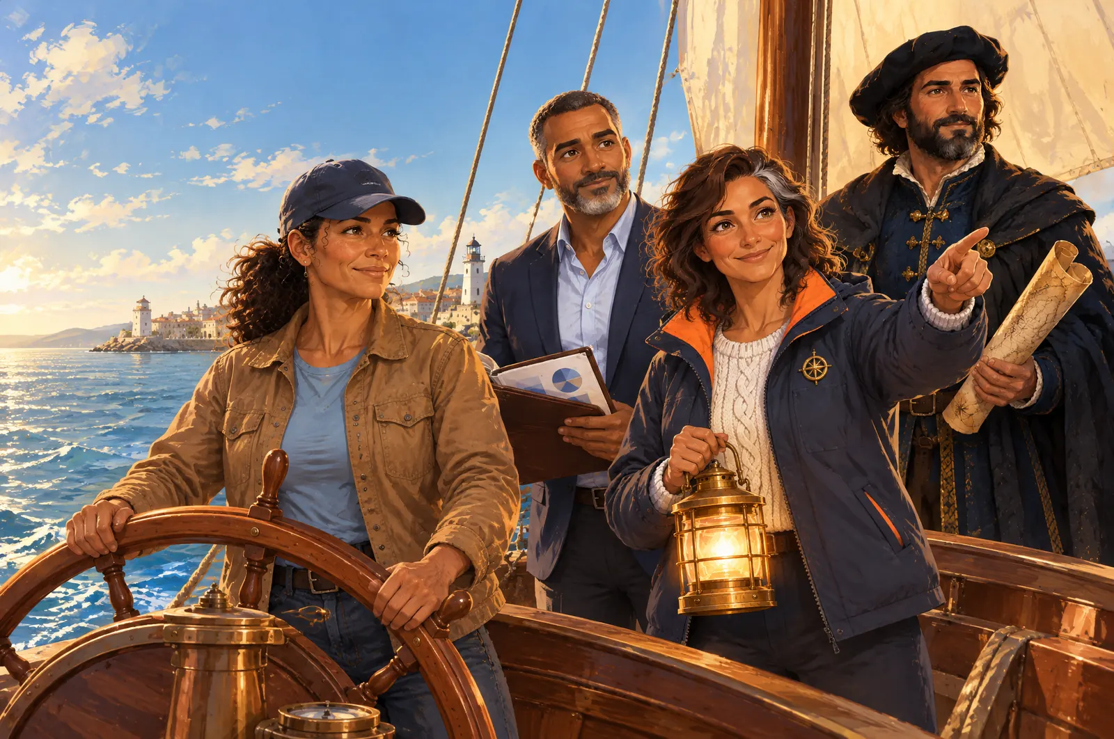 Painted scene: Jordan steers a small sailboat out of the harbor while Marina, Bennett and Elcano help.