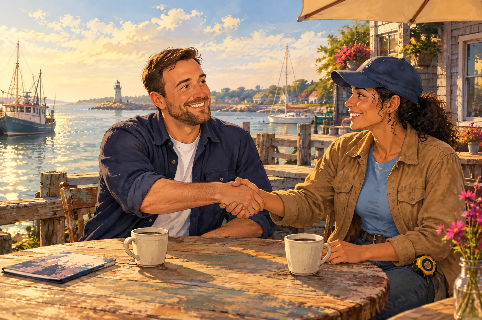 Painted scene: Andy and Jordan shake hands across a dockside café table.