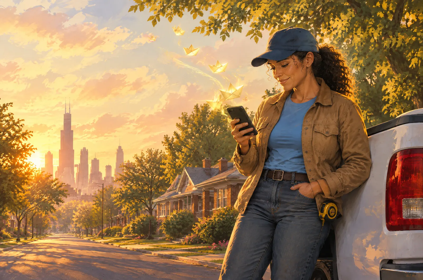 Painted scene: Jordan at sunrise beside her pickup, small golden paper boats lifting out of her phone.
