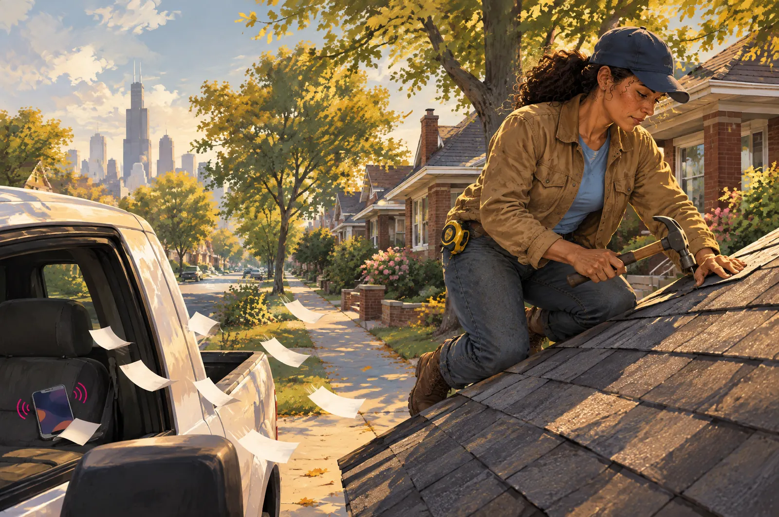 Painted scene: Jordan hammering on a roof while her phone buzzes unnoticed in the truck below.