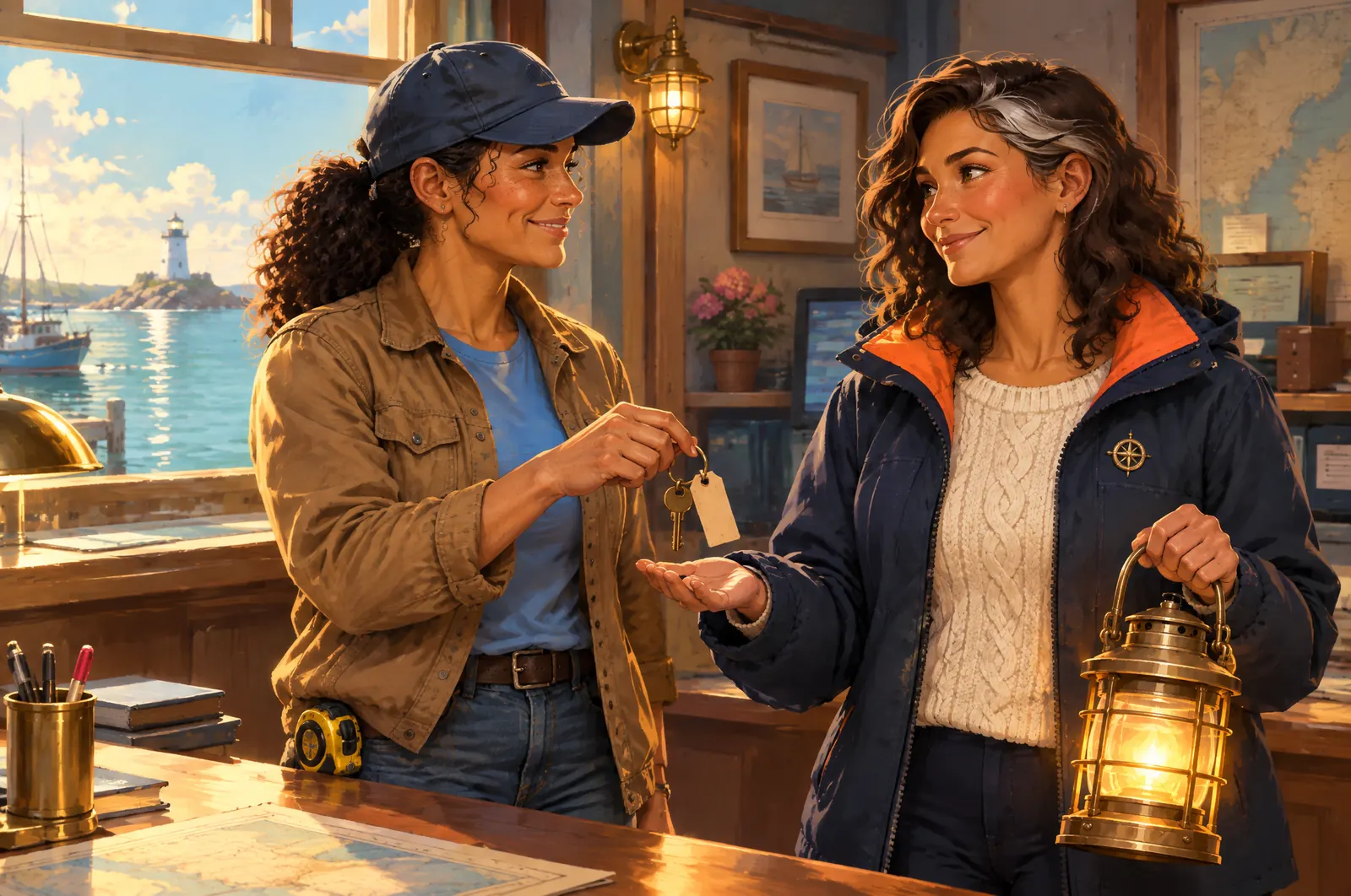 Painted scene: at a harbor office counter, Jordan hands Marina a brass key on a ring with a blank tag.