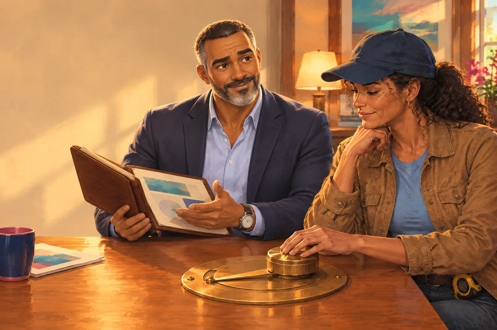 Painted scene: a big brass dial between less and more on a table; Jordan’s hand is on it.