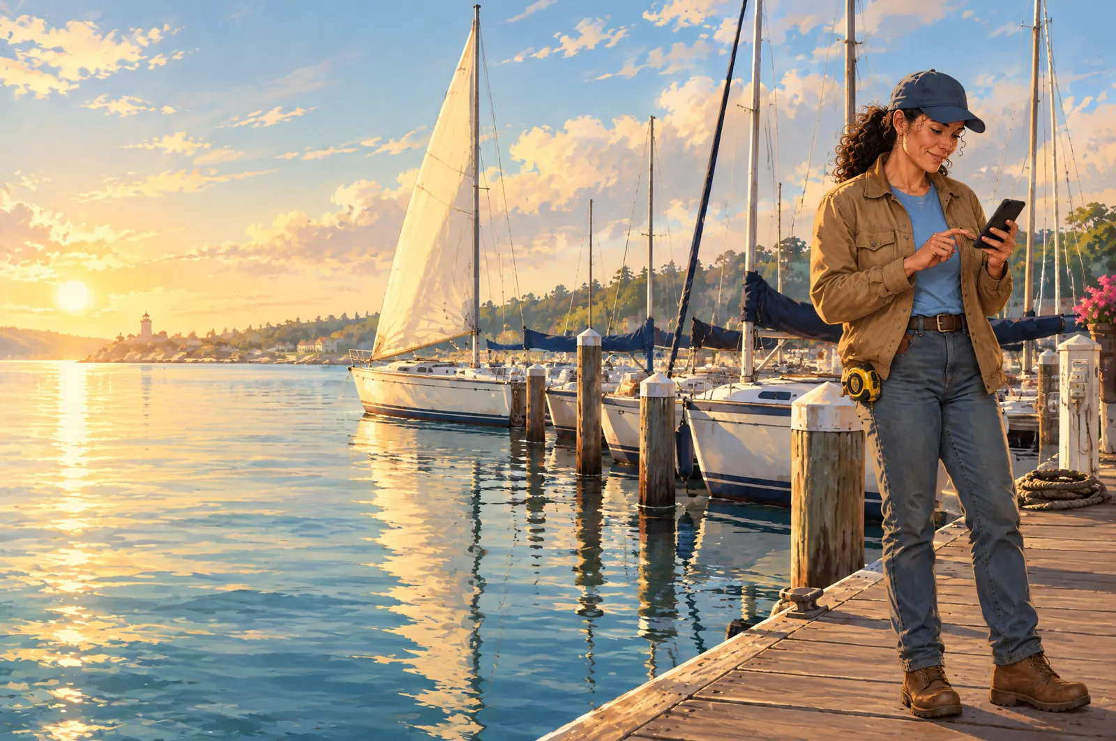 Painted scene: Jordan taps her phone on the dock and a single sail rises while the rest stay furled.