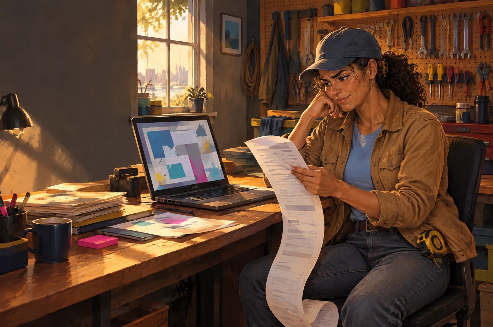 Painted scene: Jordan in her garage office frowning at a long invoice from a web developer.
