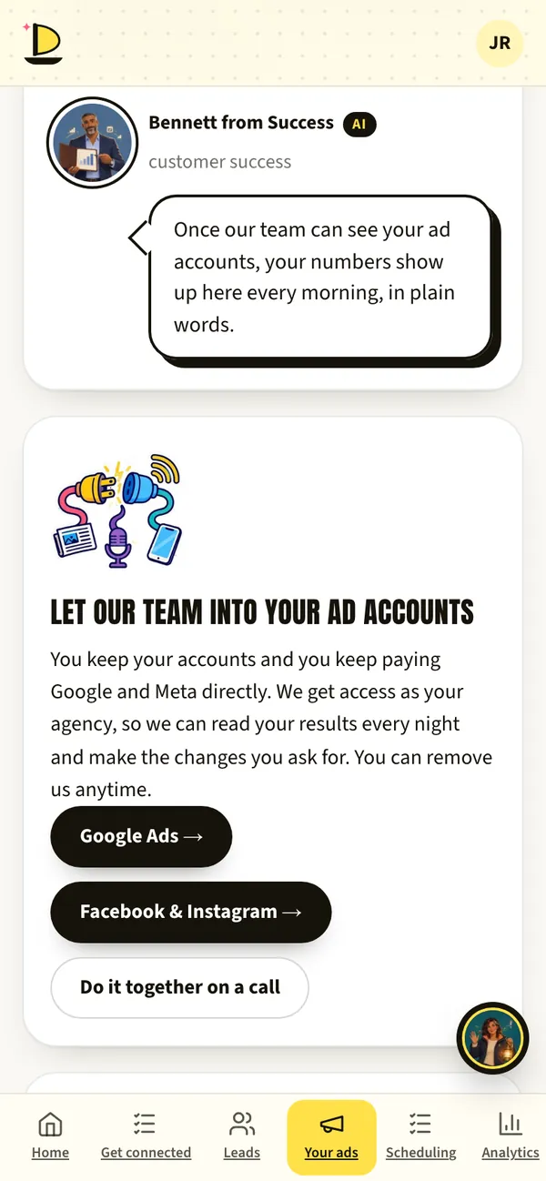 Harbor’s Your ads screen saying what isn’t connected yet.