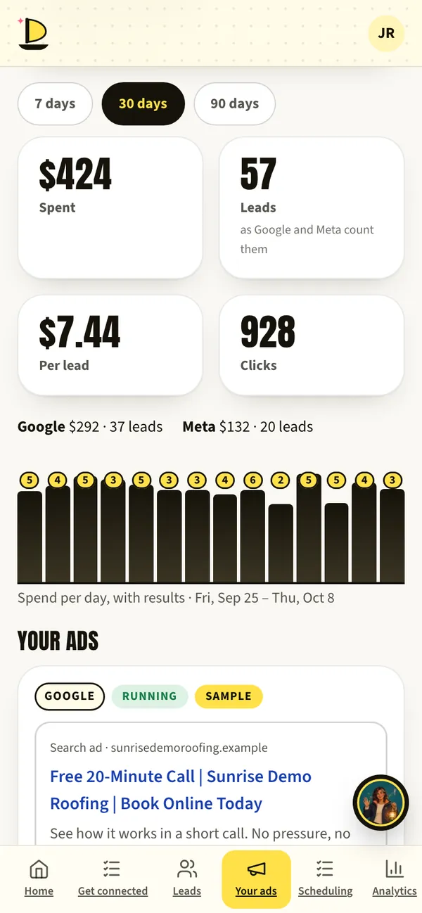 Harbor’s Your ads results for a sample business.