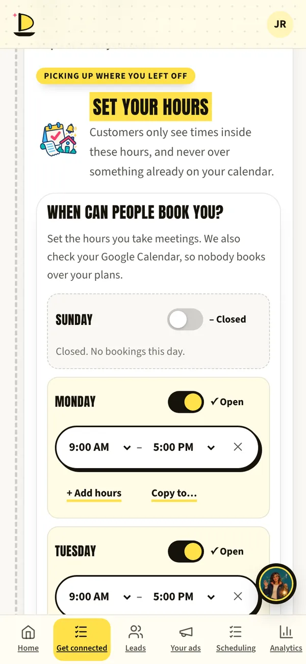 Harbor’s Set your hours screen with weekly opening hours.