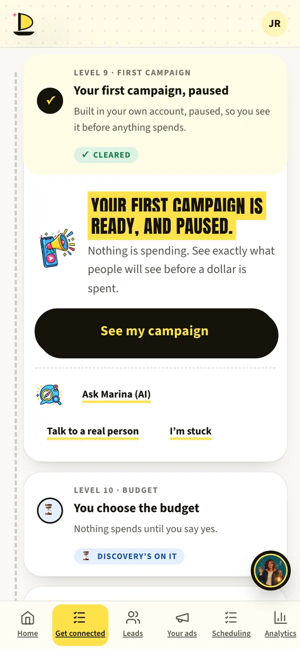Harbor’s first campaign step, built and paused.