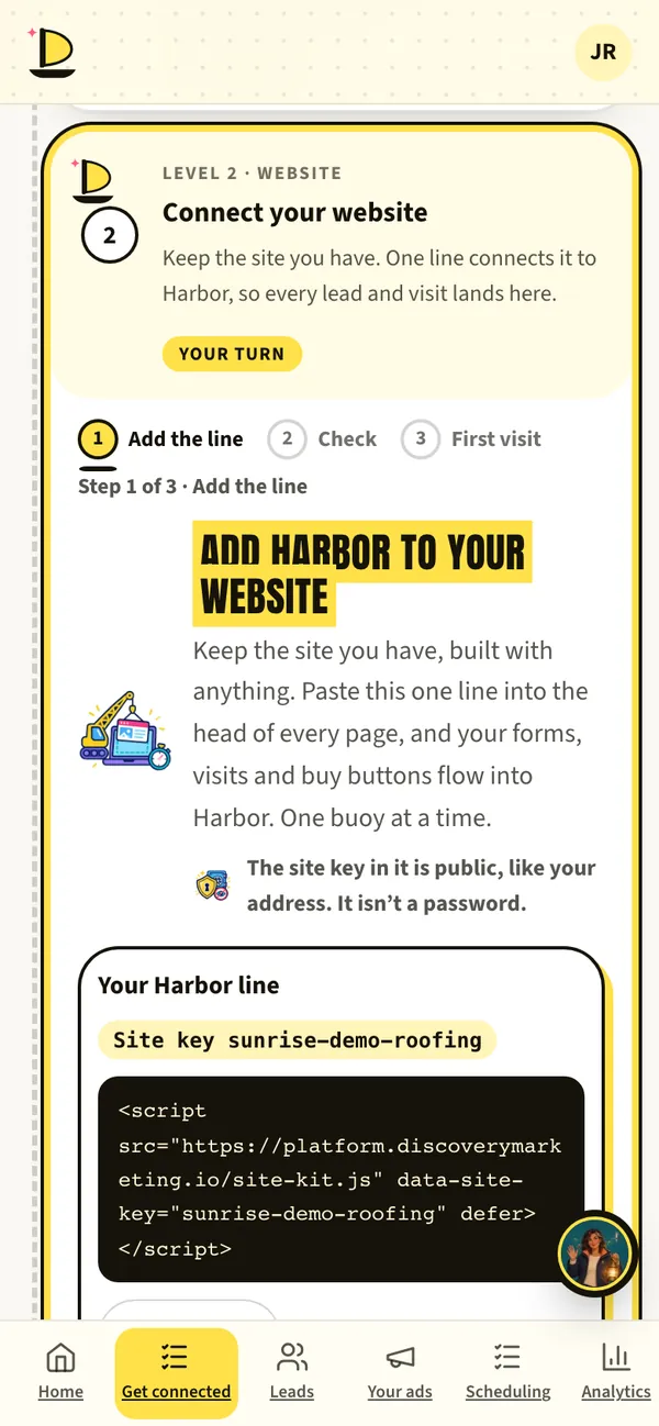 Harbor’s Connect your website step with the line to add and builder tabs.