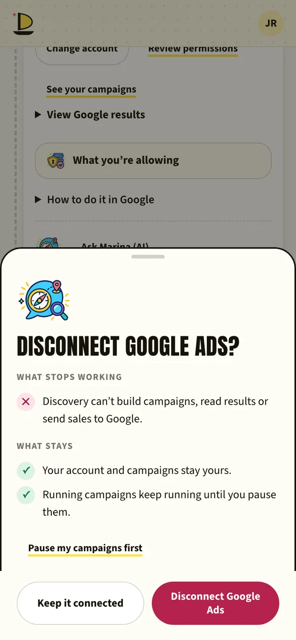 Harbor’s disconnect sheet listing what stops and what stays.