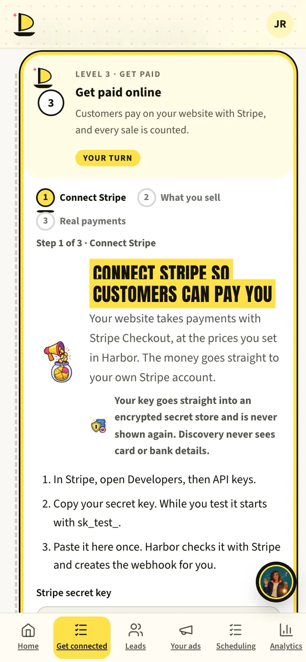 Harbor’s Get paid online step with Connect Stripe.