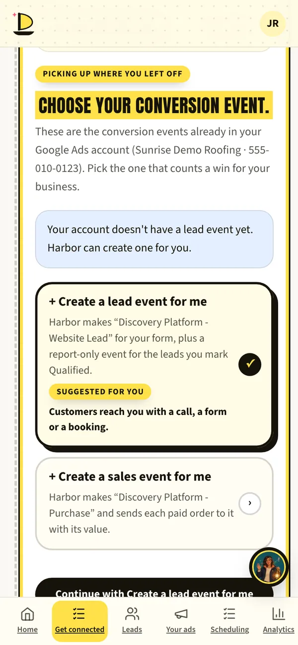 Harbor’s Choose your conversion event screen, suggesting a lead event.