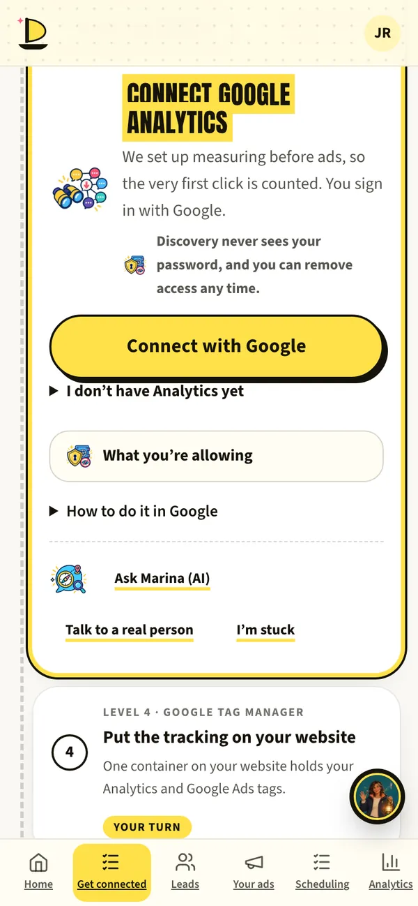 Harbor’s step for connecting Google, with the Connect with Google button.