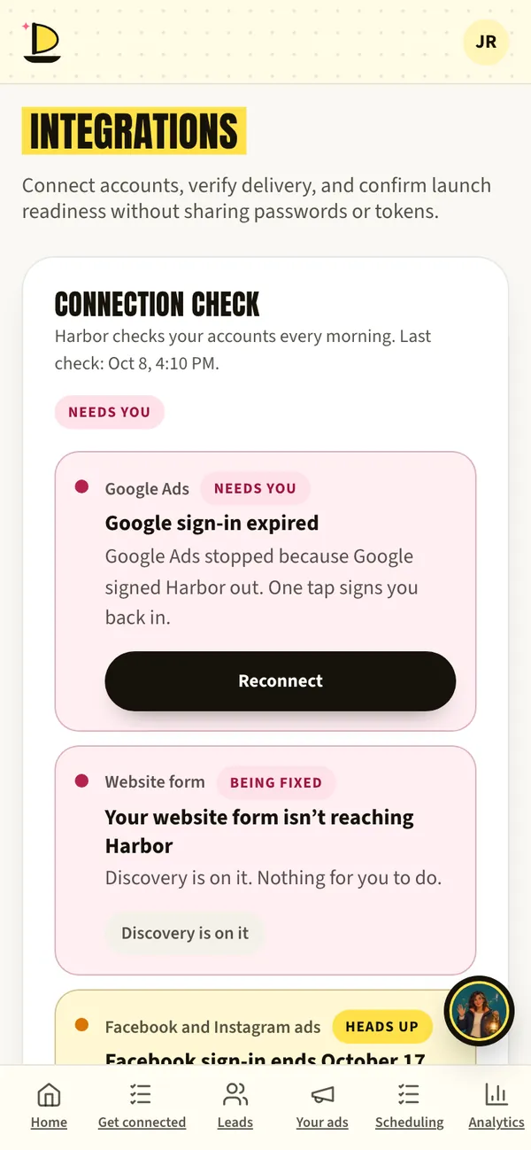 Harbor’s connection check showing one account to reconnect and one being fixed.