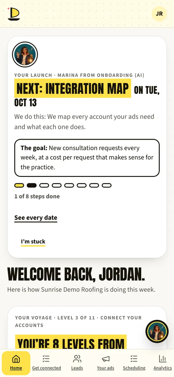 Harbor’s launch card showing the next step and its date.